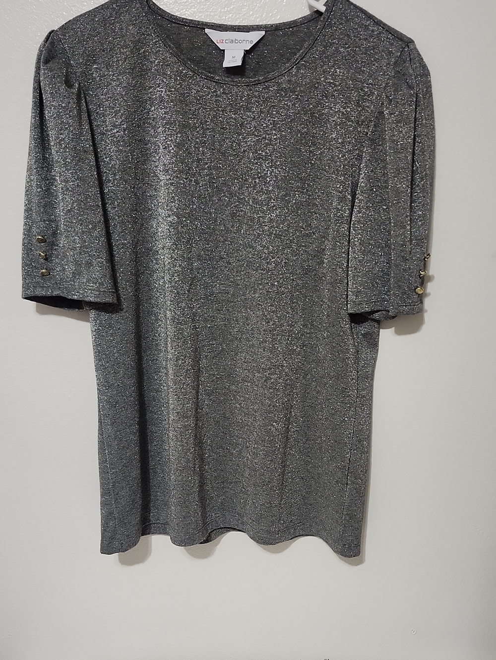 Liz Claiborne Shimmering Gray Metallic Knit Top with Gold Buttons